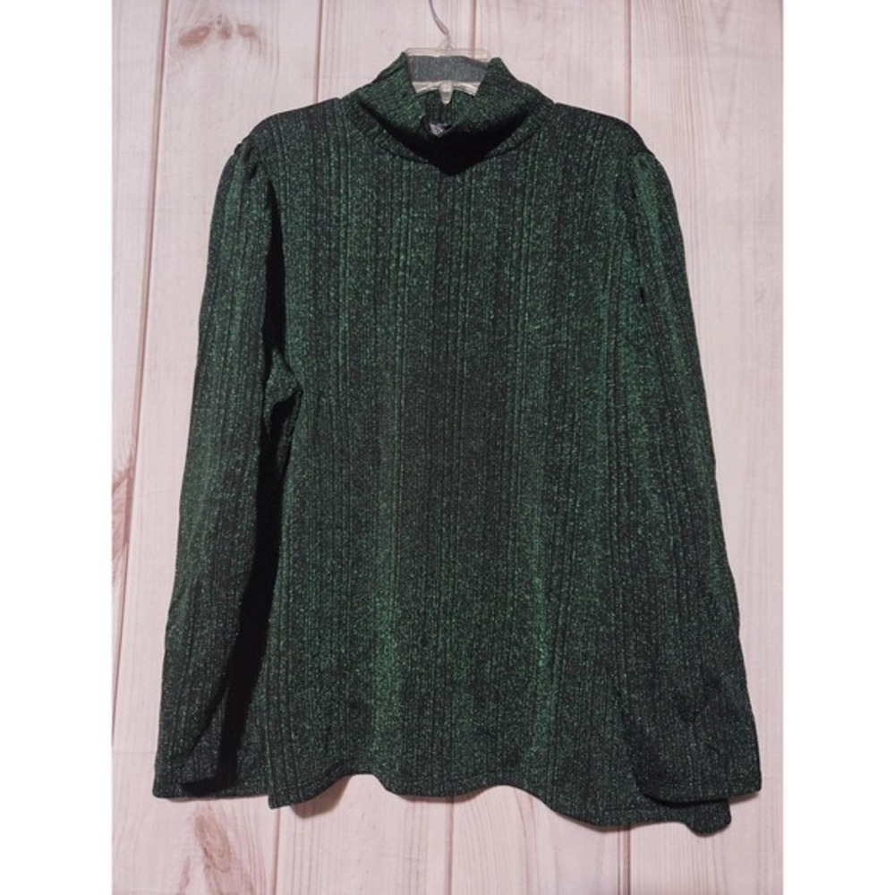 Grace The Perfect Fit Women 2X Green Black‎ Metallic Mock Neck Ribbed Blouse NWT